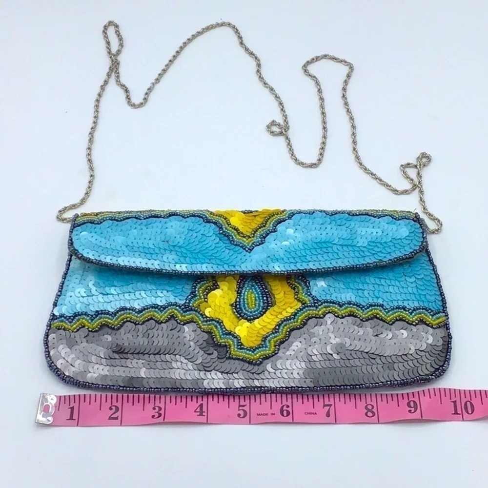 KC MALHAN AQUA BALI SEQUIN BEADED CLUTCH HANDBAG